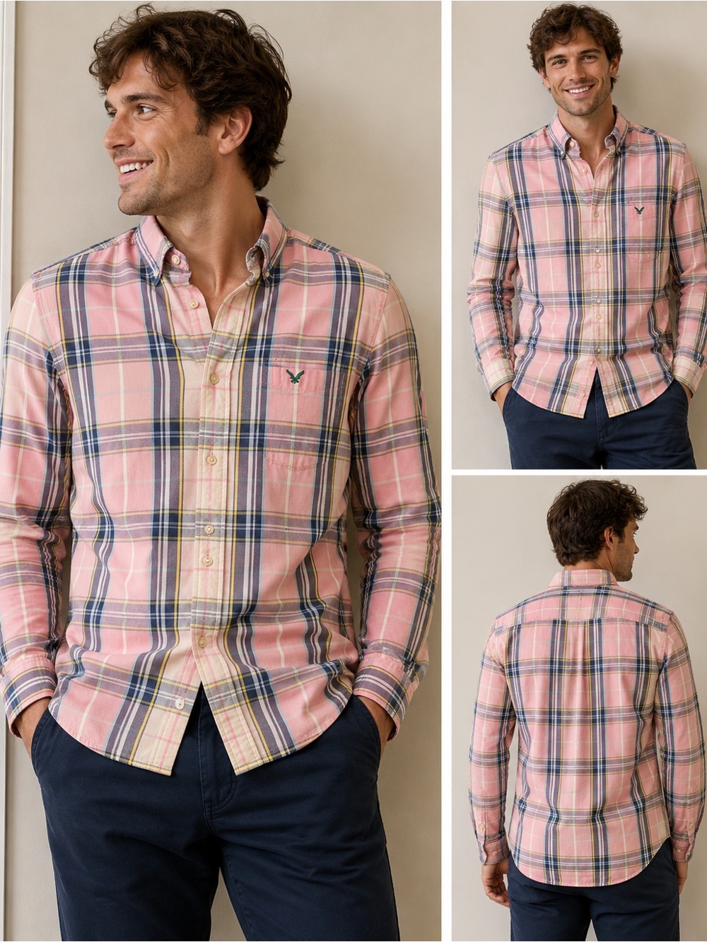 American Eagle Outfitter Checker Button Down Shirt Men’s Medium Pink/Blue Preppy